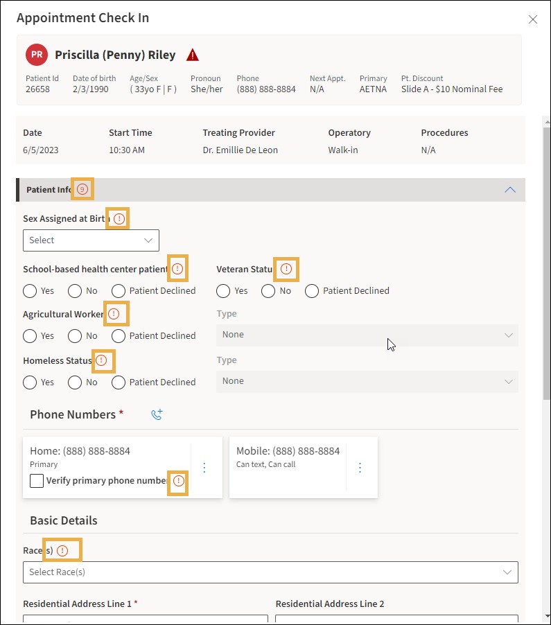 Appointment Check-In window with yellow highlight boxes around the informational warning icons.